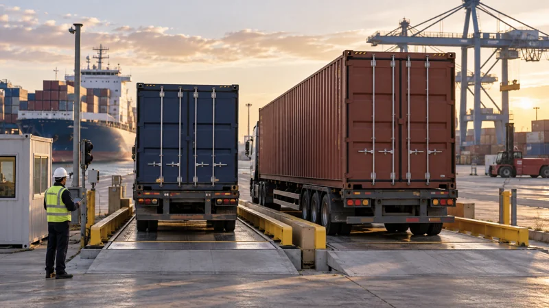A short and a long shipping container aligned at a weighbridge, editorial illustration