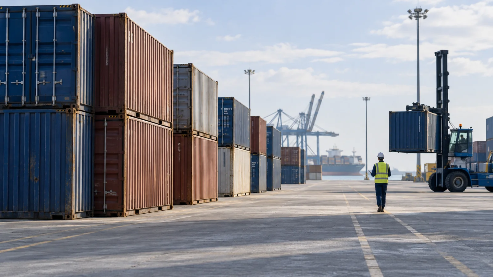 Uncollected containers in a quiet terminal storage area, editorial illustration
