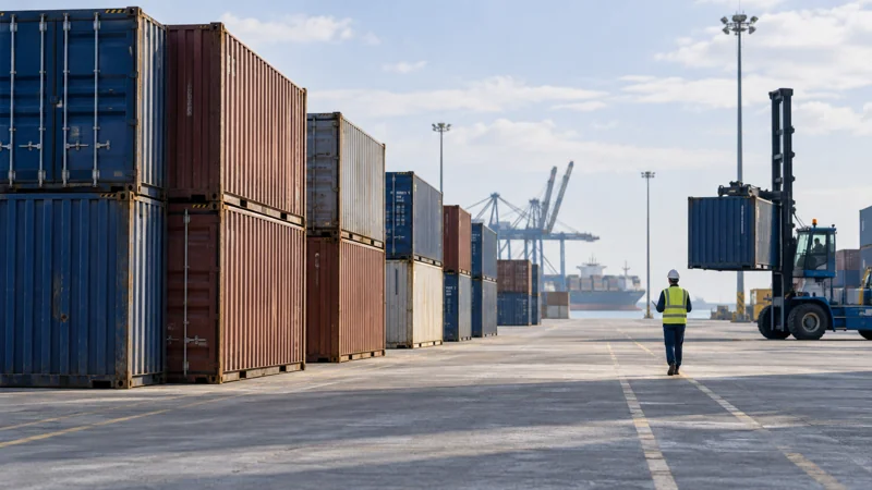 Uncollected containers in a quiet terminal storage area, editorial illustration