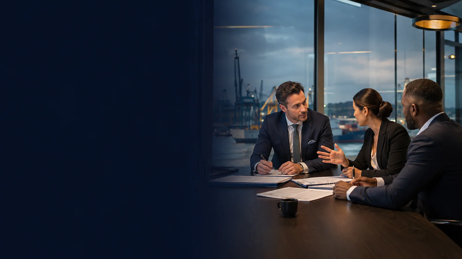 Maritime specialists meeting in a modern office with a port visible through the windows