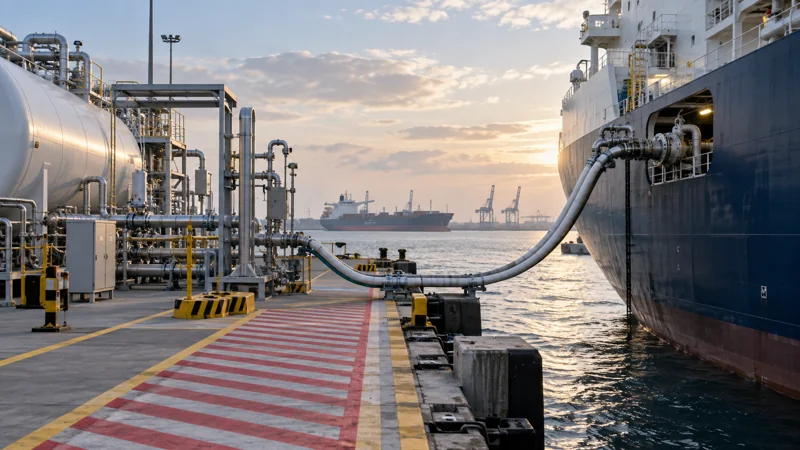 A conceptual modern alternative-fuel bunkering berth with safety exclusion markings and no people close to hoses, editorial illustration