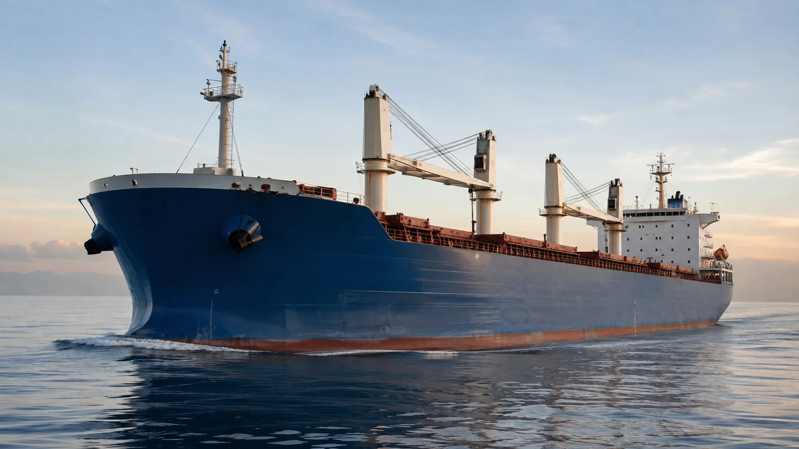 Blue-hulled bulk carrier sailing across calm open water