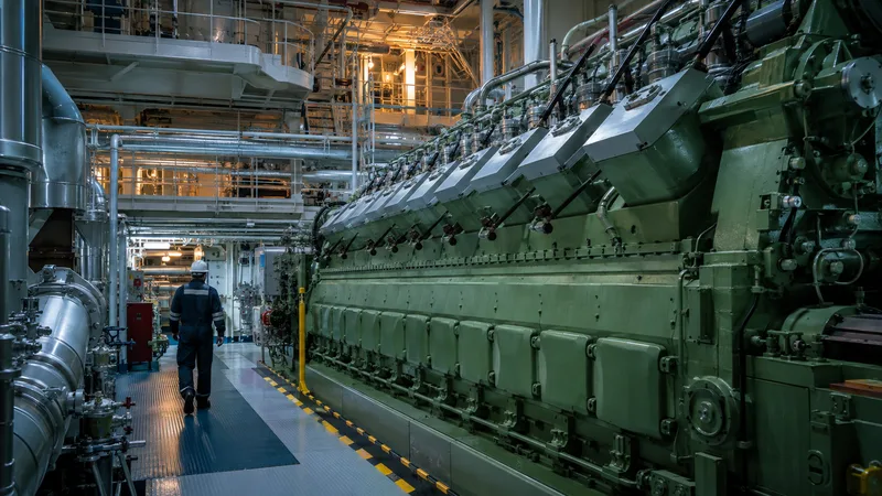 Large green marine diesel engine surrounded by pipes and catwalks