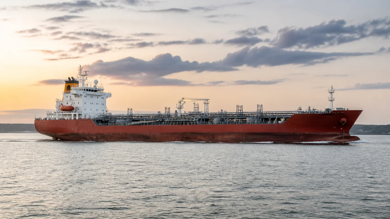 Product tanker with red hull and deck piping sailing at dawn