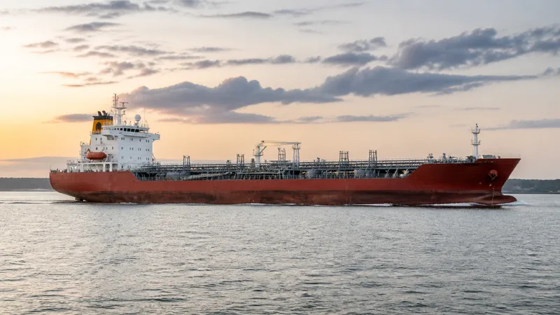 Product tanker with red hull and deck piping sailing at dawn