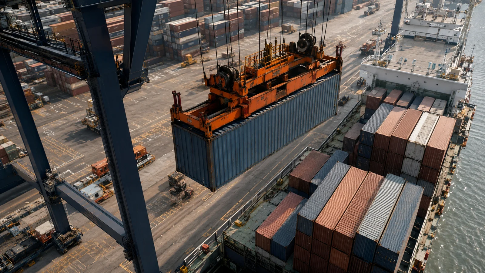 Crane lifting a freight container over a container ship