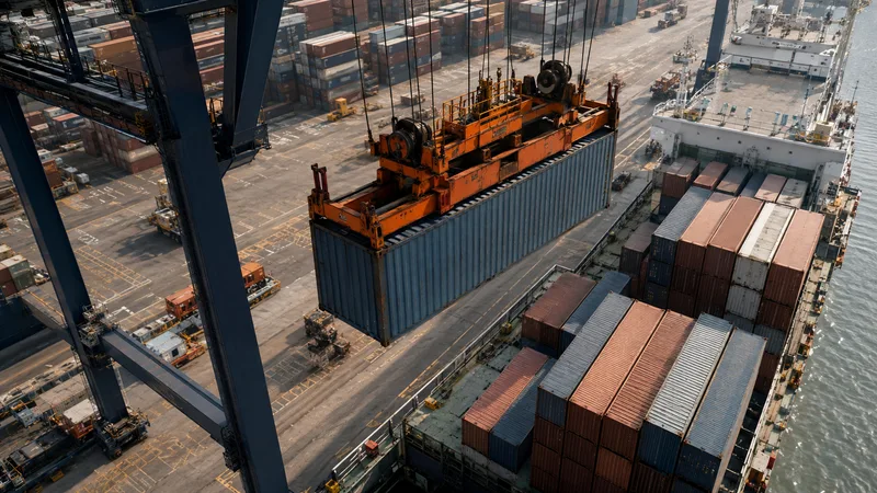 Crane lifting a freight container over a container ship