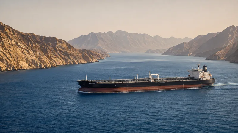 Oil tanker transiting blue water between distant arid coastlines