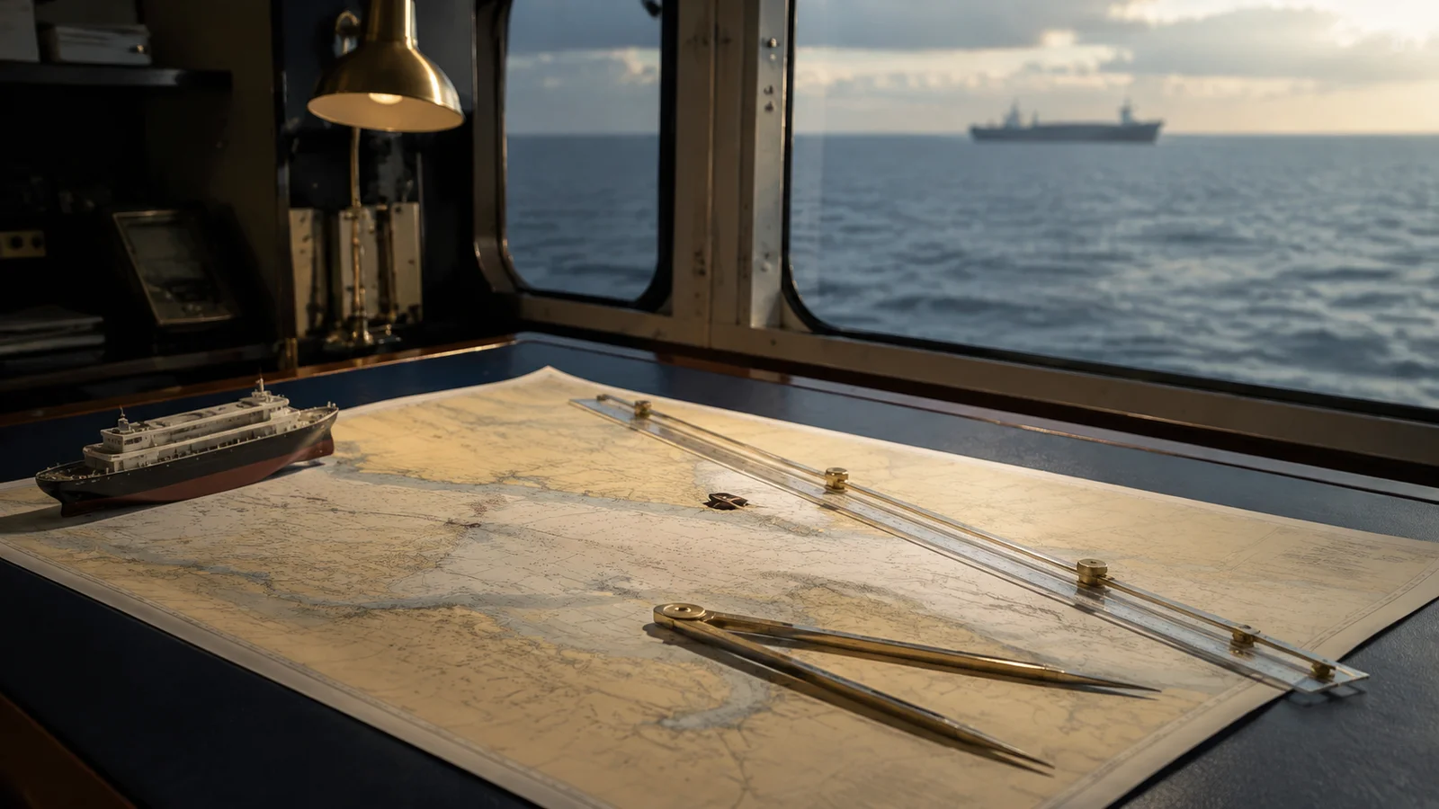 Carte nautique, compas &agrave; pointes s&egrave;ches et r&egrave;gle sur une table de passerelle