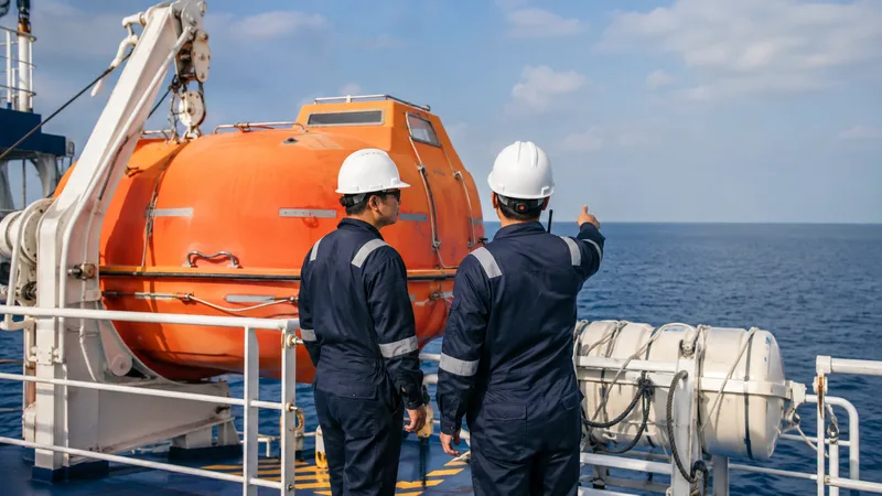 Crew members checking an orange enclosed lifeboat on deck