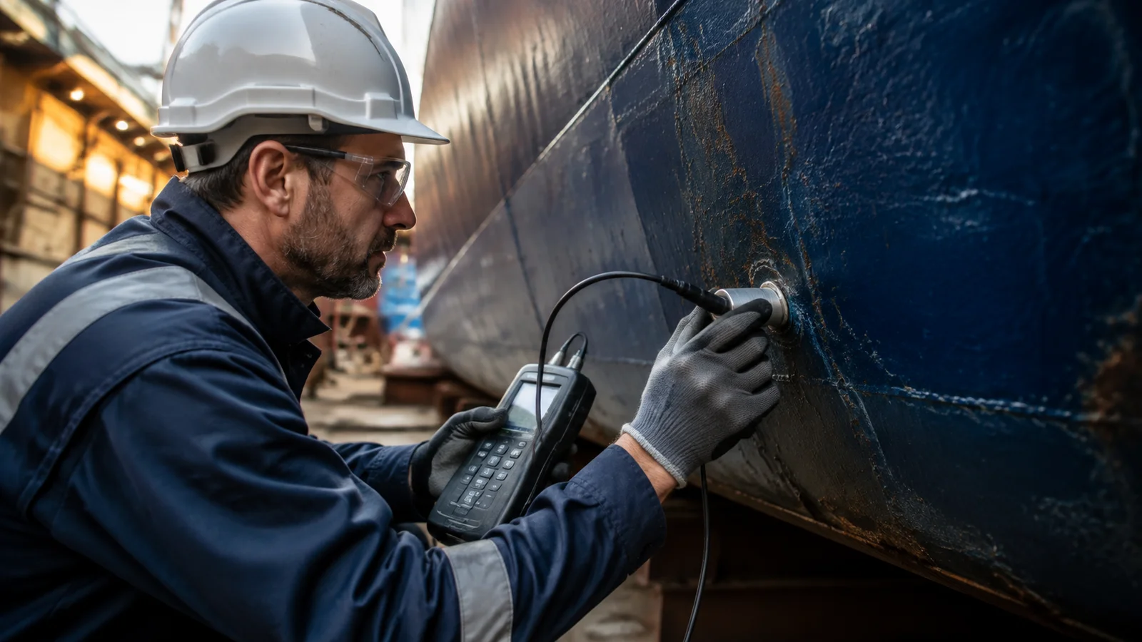 Surveyor using an ultrasonic gauge against a vessel hull
