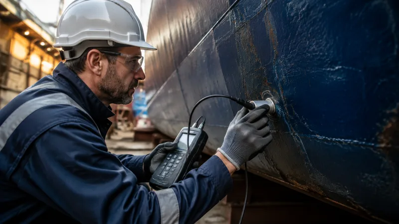 Surveyor using an ultrasonic gauge against a vessel hull