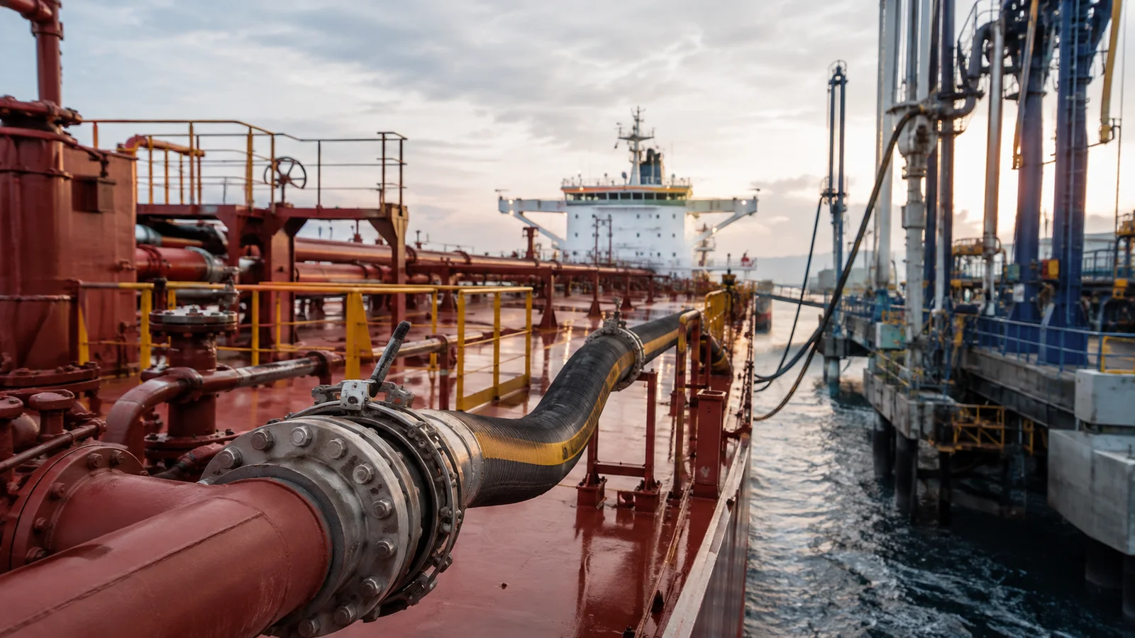 Cargo transfer hoses connected to a tanker manifold