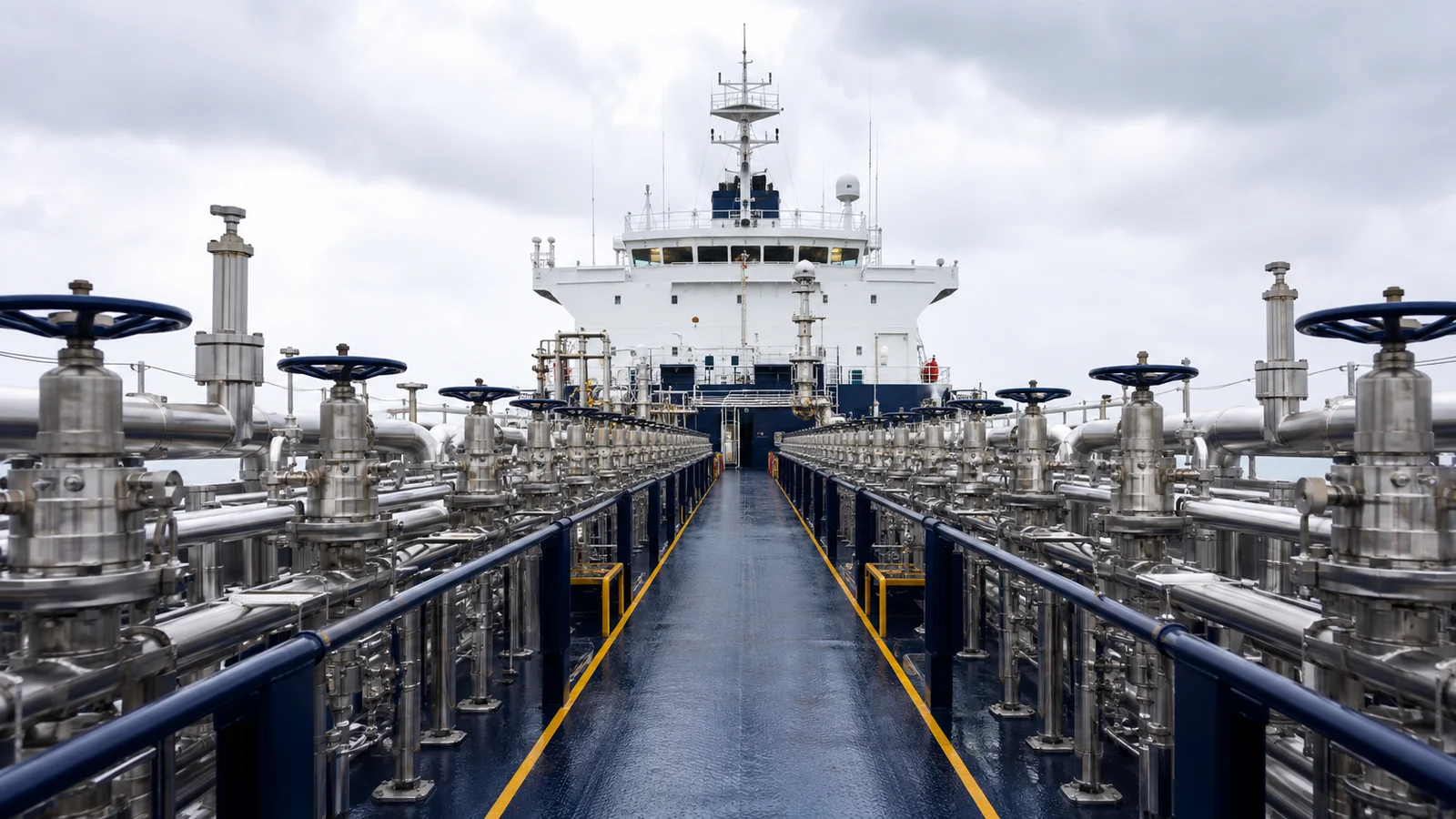 Stainless steel pipes and valve wheels on a chemical tanker deck