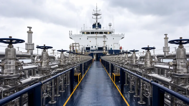 Stainless steel pipes and valve wheels on a chemical tanker deck