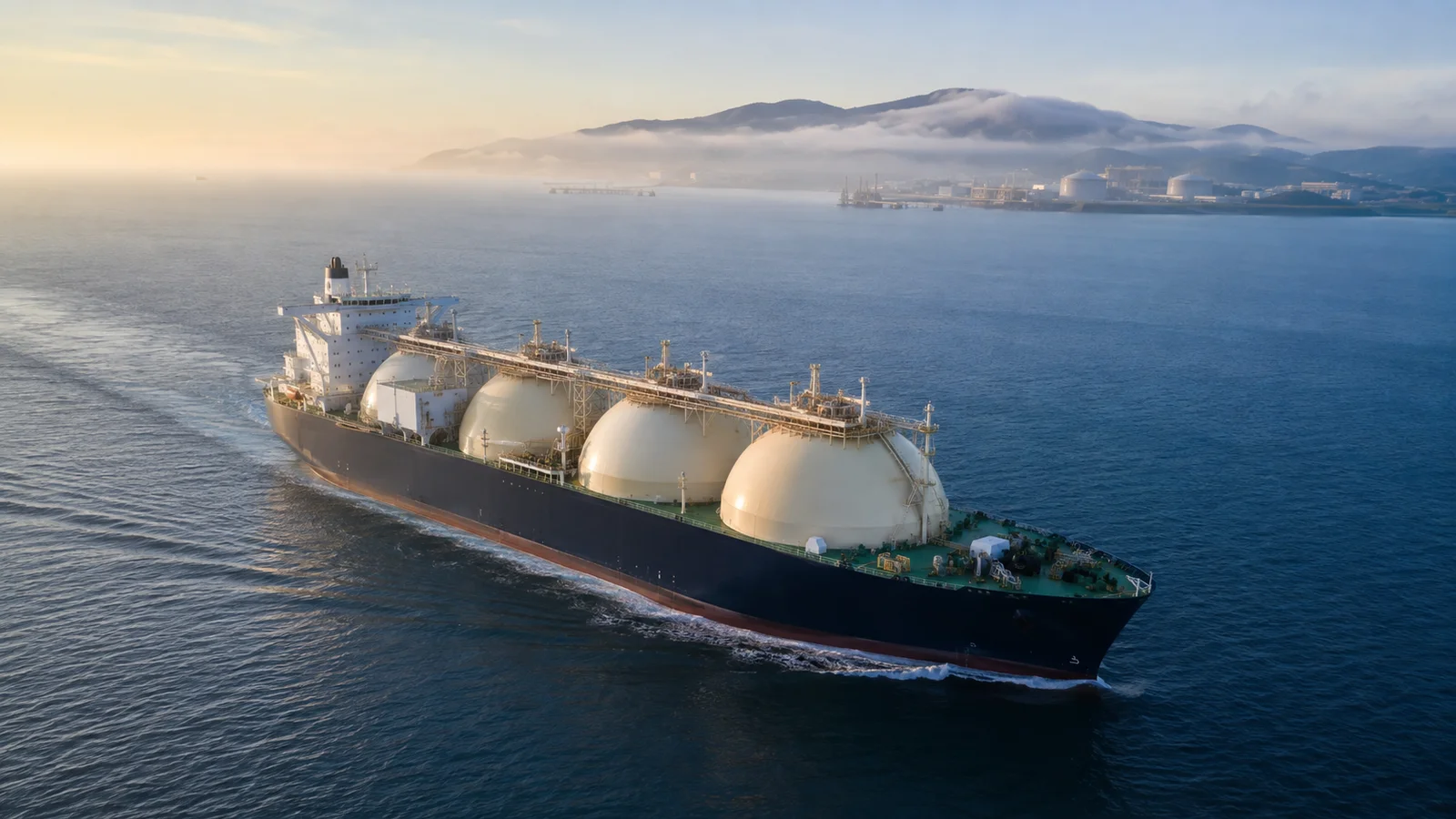 LNG carrier with spherical tanks sailing near a gas terminal