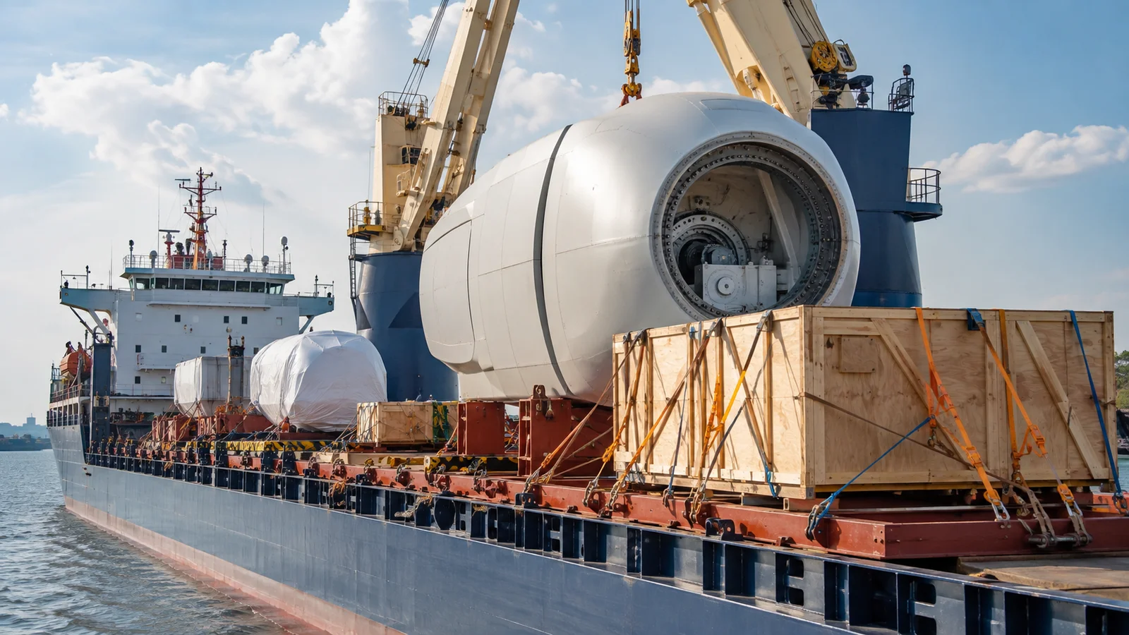 Large energy equipment secured on a heavy-lift vessel deck