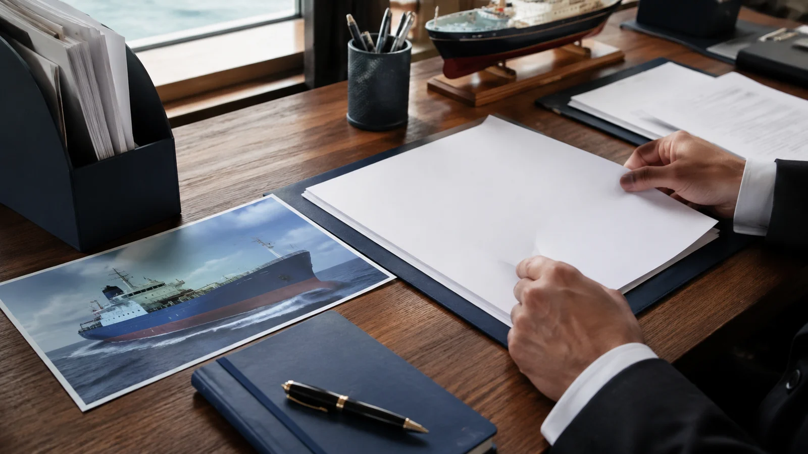 Vessel photograph, application papers and notebook on a desk