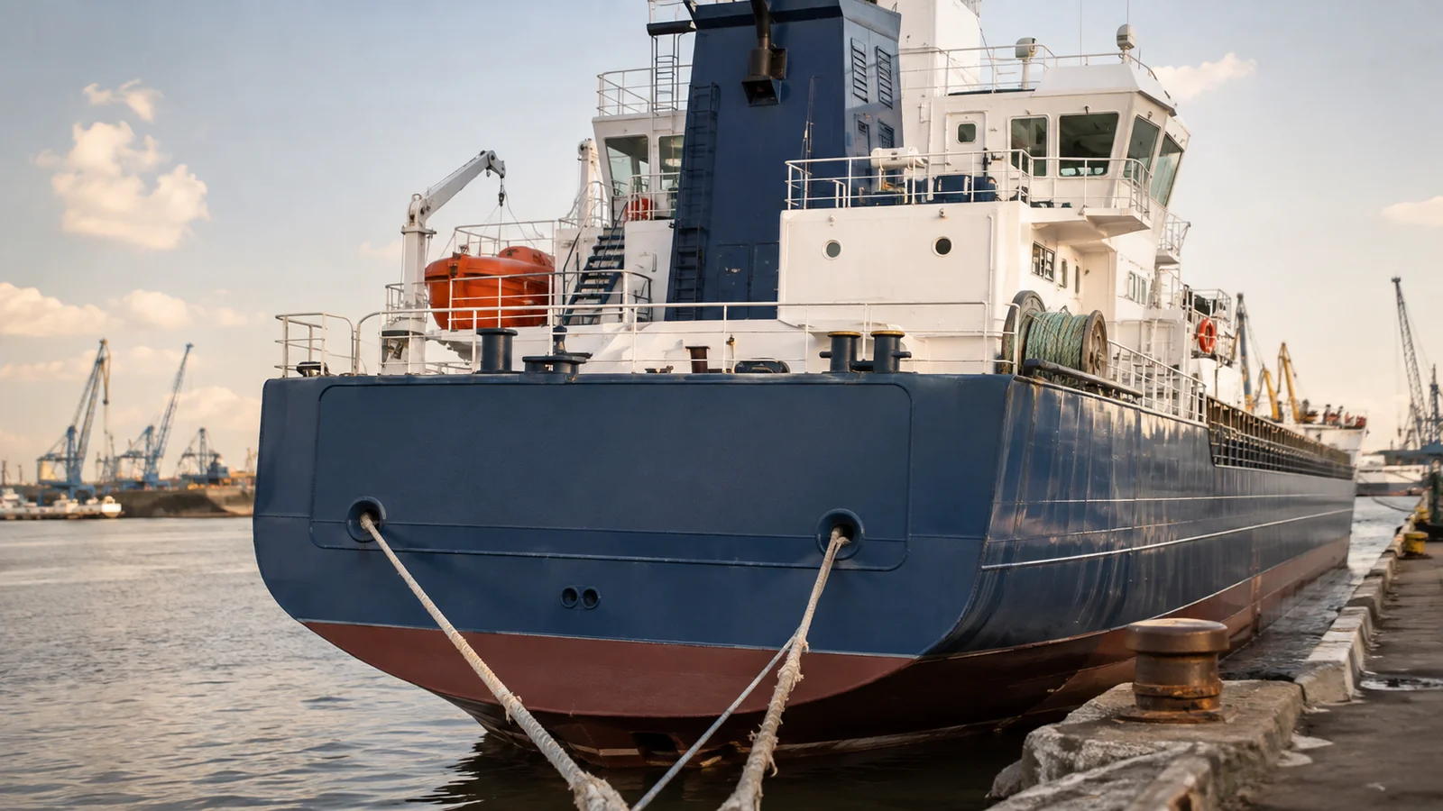 Commercial ship stern and bridge beside a port quay