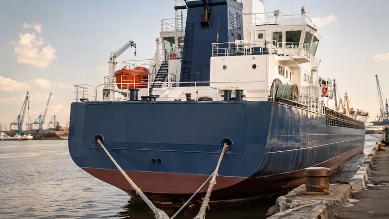 Commercial ship stern and bridge beside a port quay