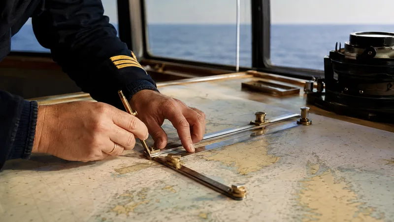 Bridge officer planning a route on a nautical chart