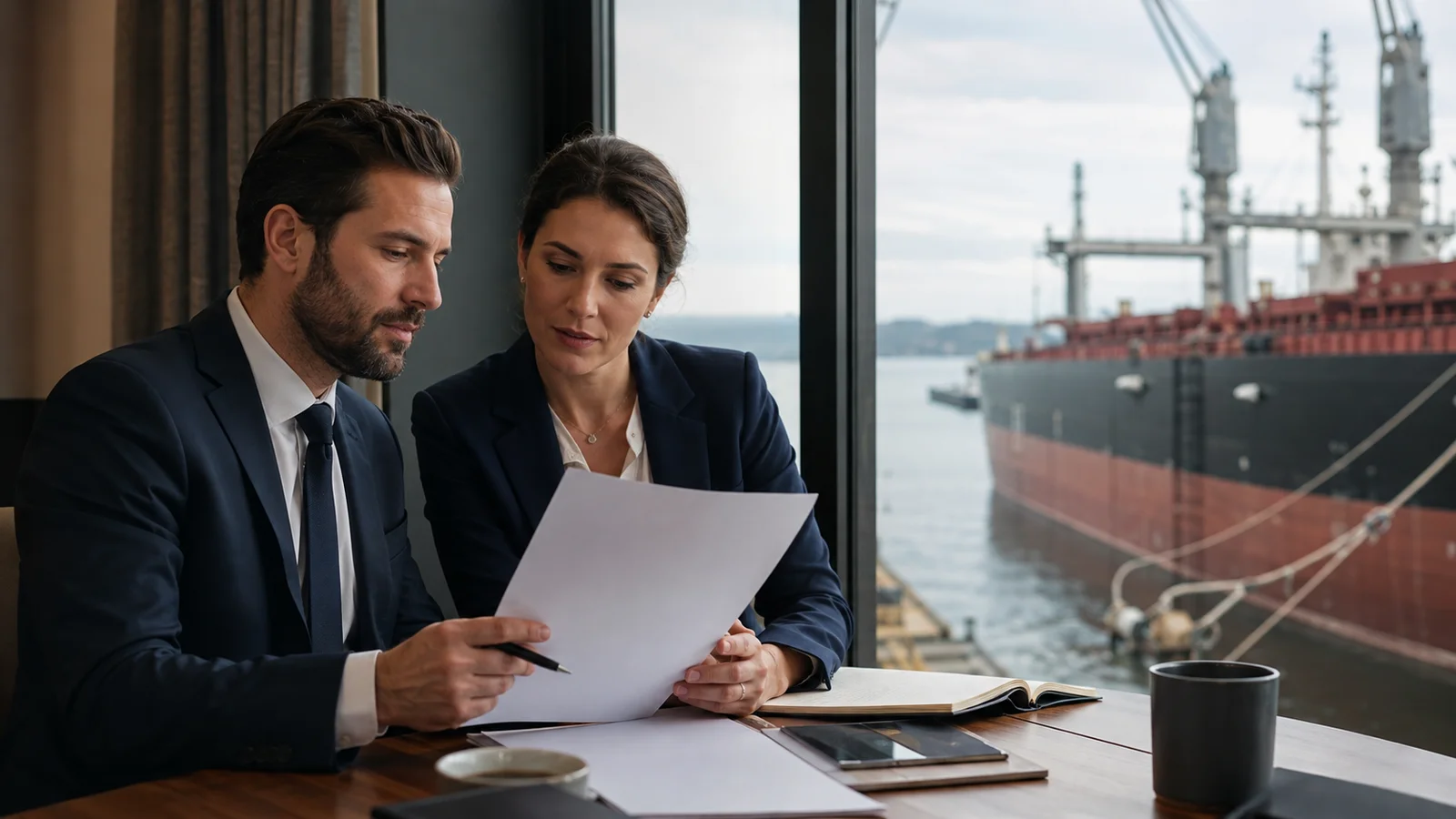 Shipping professionals reviewing documents overlooking a bulk carrier