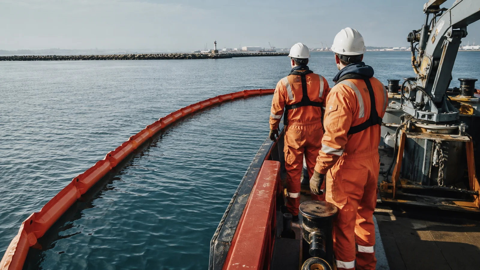 Orange containment boom beside a harbor service vessel