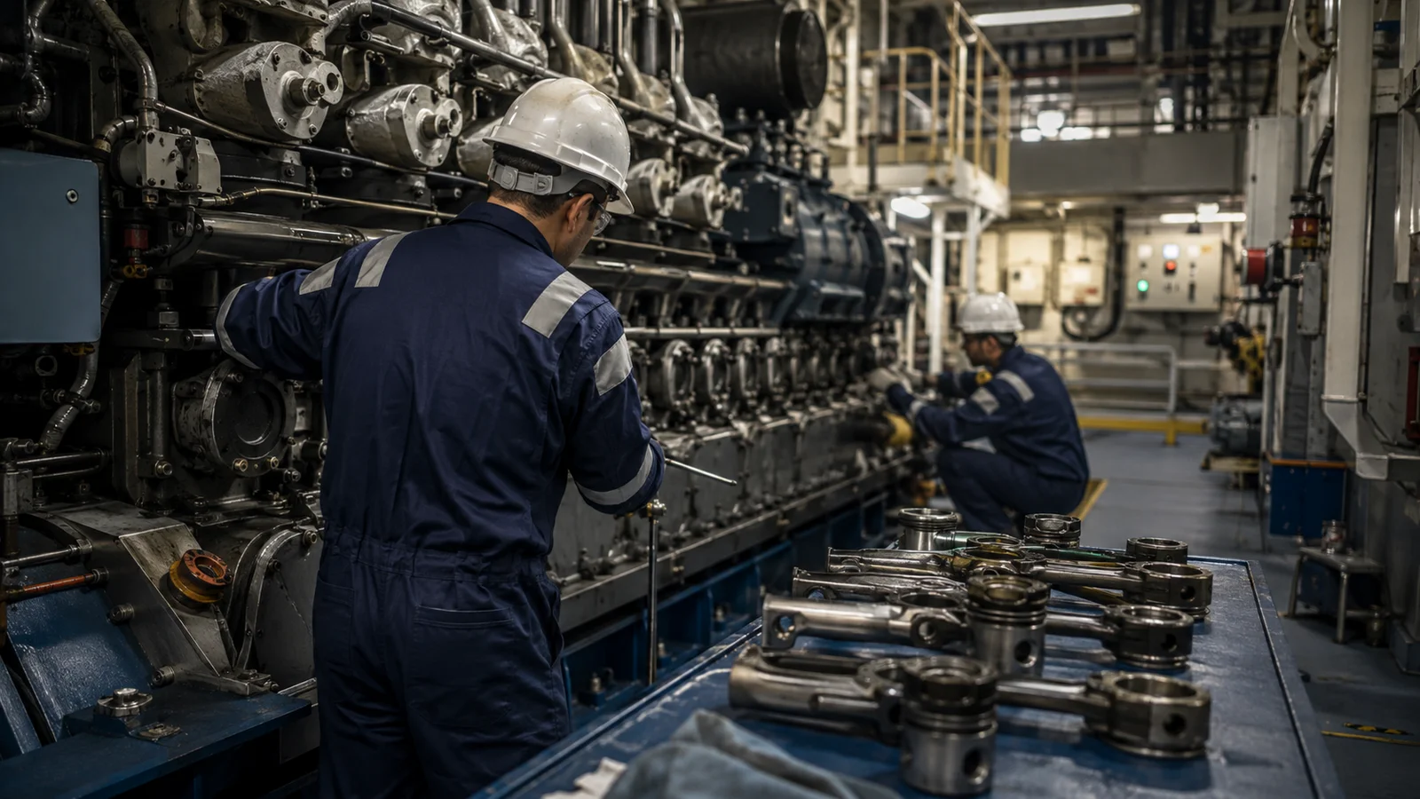 Marine engineers servicing machinery in a ship engine room