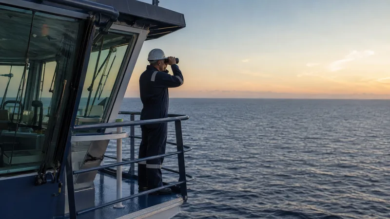 Maritime lookout scanning open water from a ship bridge wing
