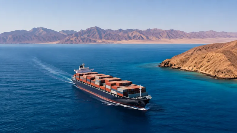 Container vessel sailing near a rugged arid coastline
