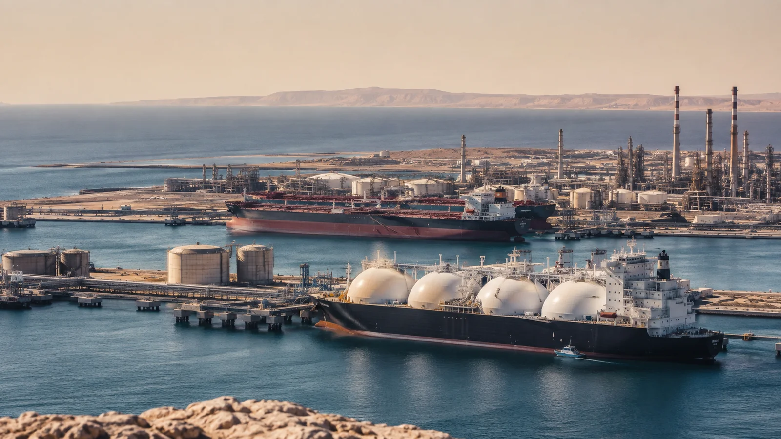Tankers and a gas carrier at a Gulf trading port