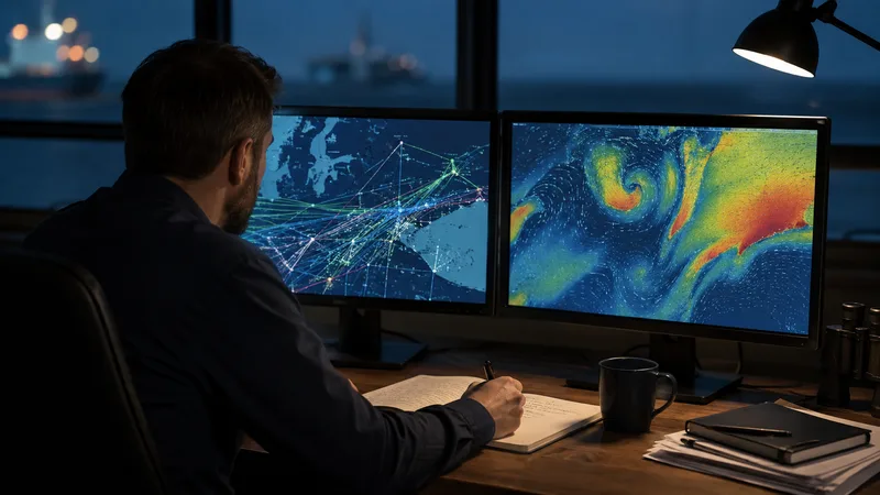 Marine risk analyst reviewing route displays at a workstation