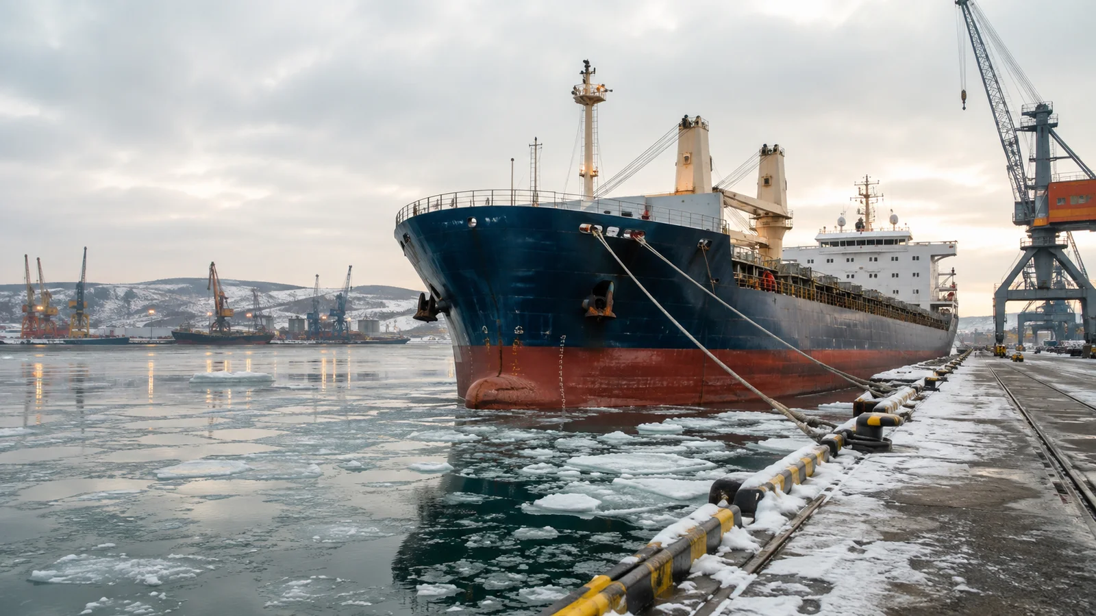 Cargo ship in a cold northern port with small ice floes