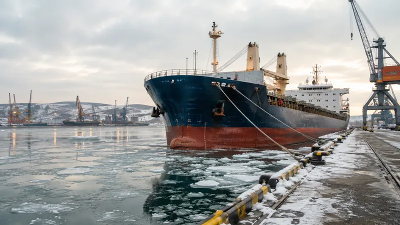 Cargo ship in a cold northern port with small ice floes