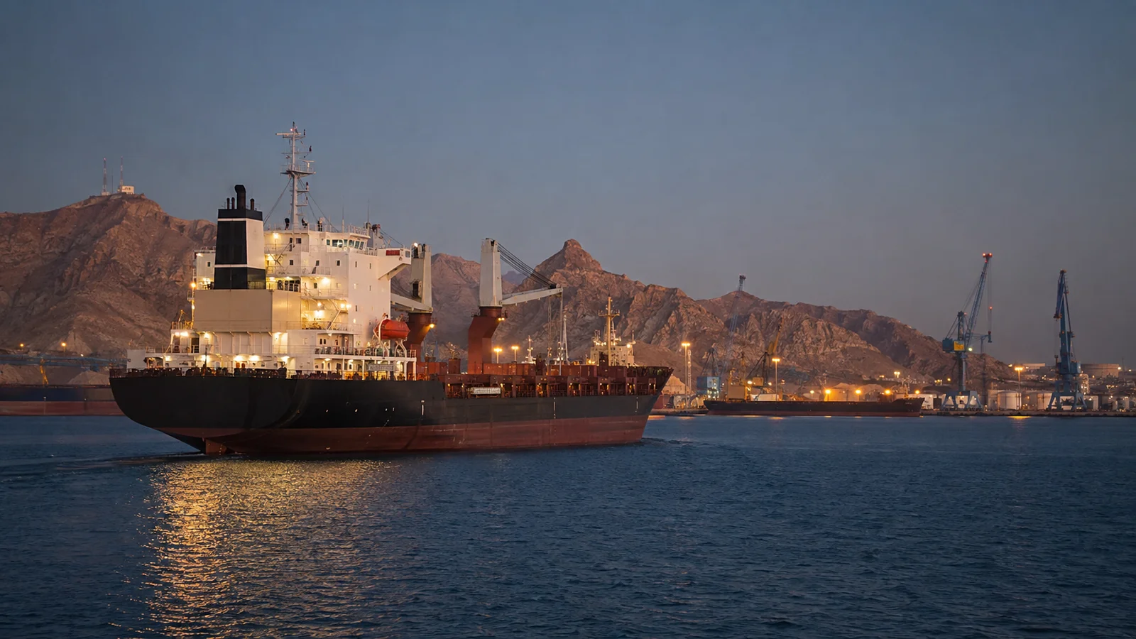 Merchant vessel departing an arid Gulf harbor at blue hour