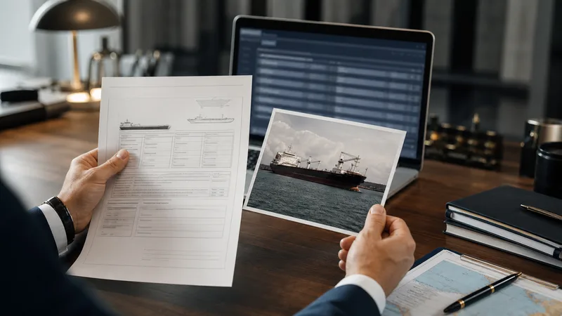 Compliance professional comparing vessel documents at a desk