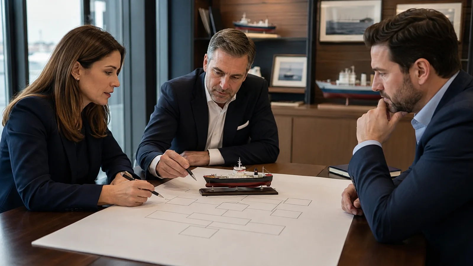 Maritime specialists reviewing documents beside a ship model