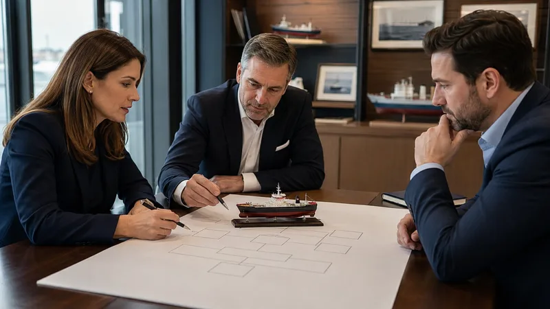 Maritime specialists reviewing documents beside a ship model