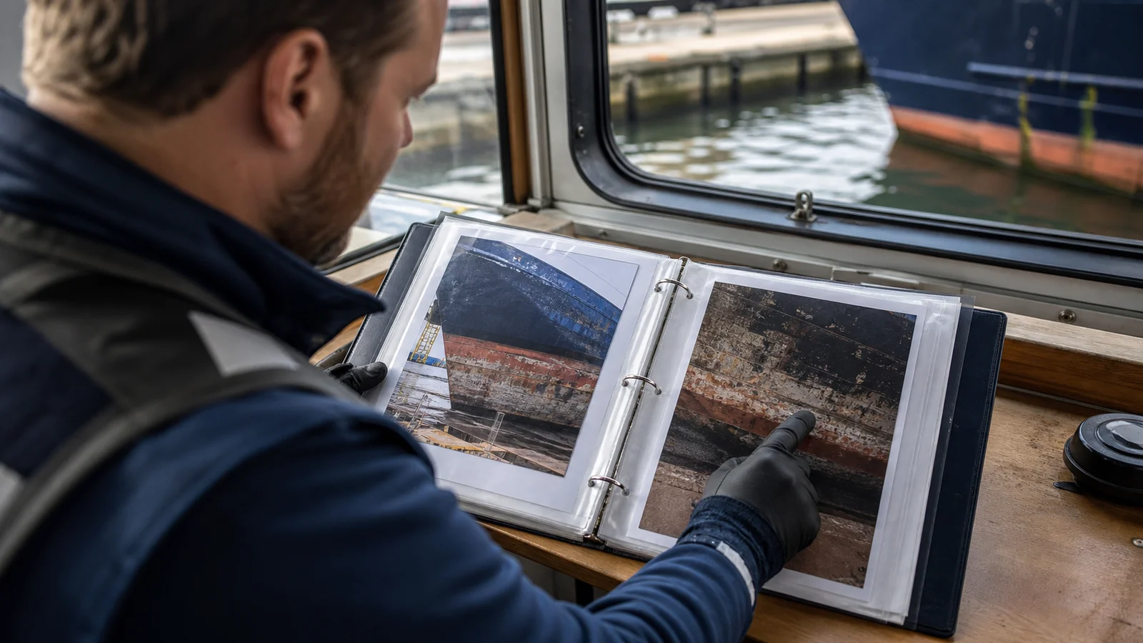 Surveyor reviewing hull inspection photographs in a binder