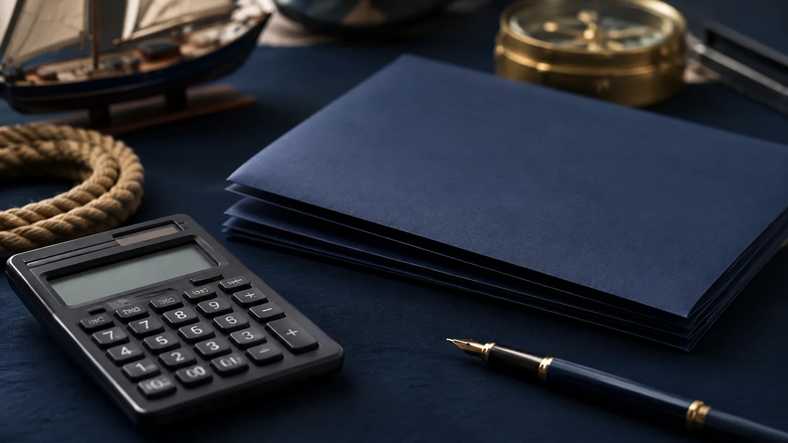 Calculator, fountain pen and stacked navy folders on a desk