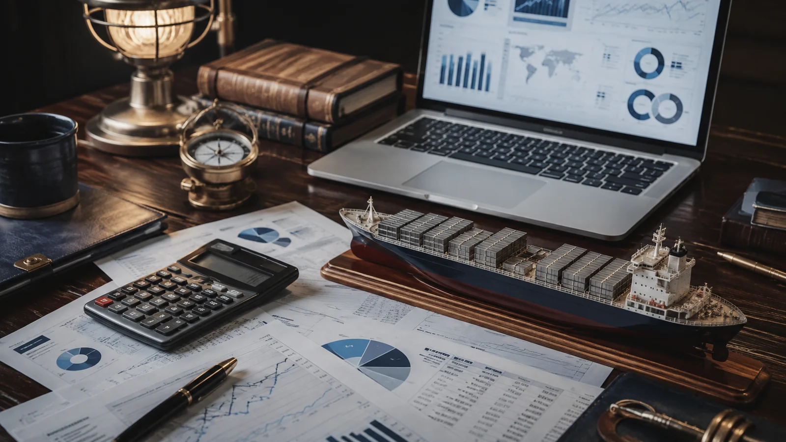 Laptop, calculator and cargo ship model on an underwriting desk