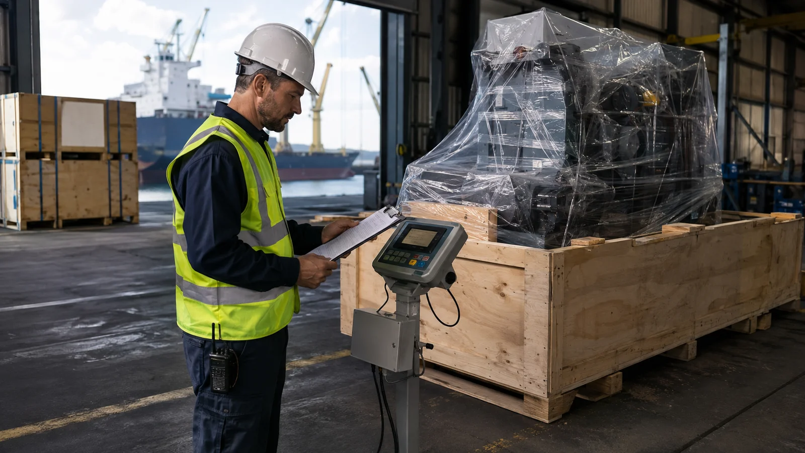 Technicien inspectant une machine emballée en caisse dans un entrepôt portuaire.
