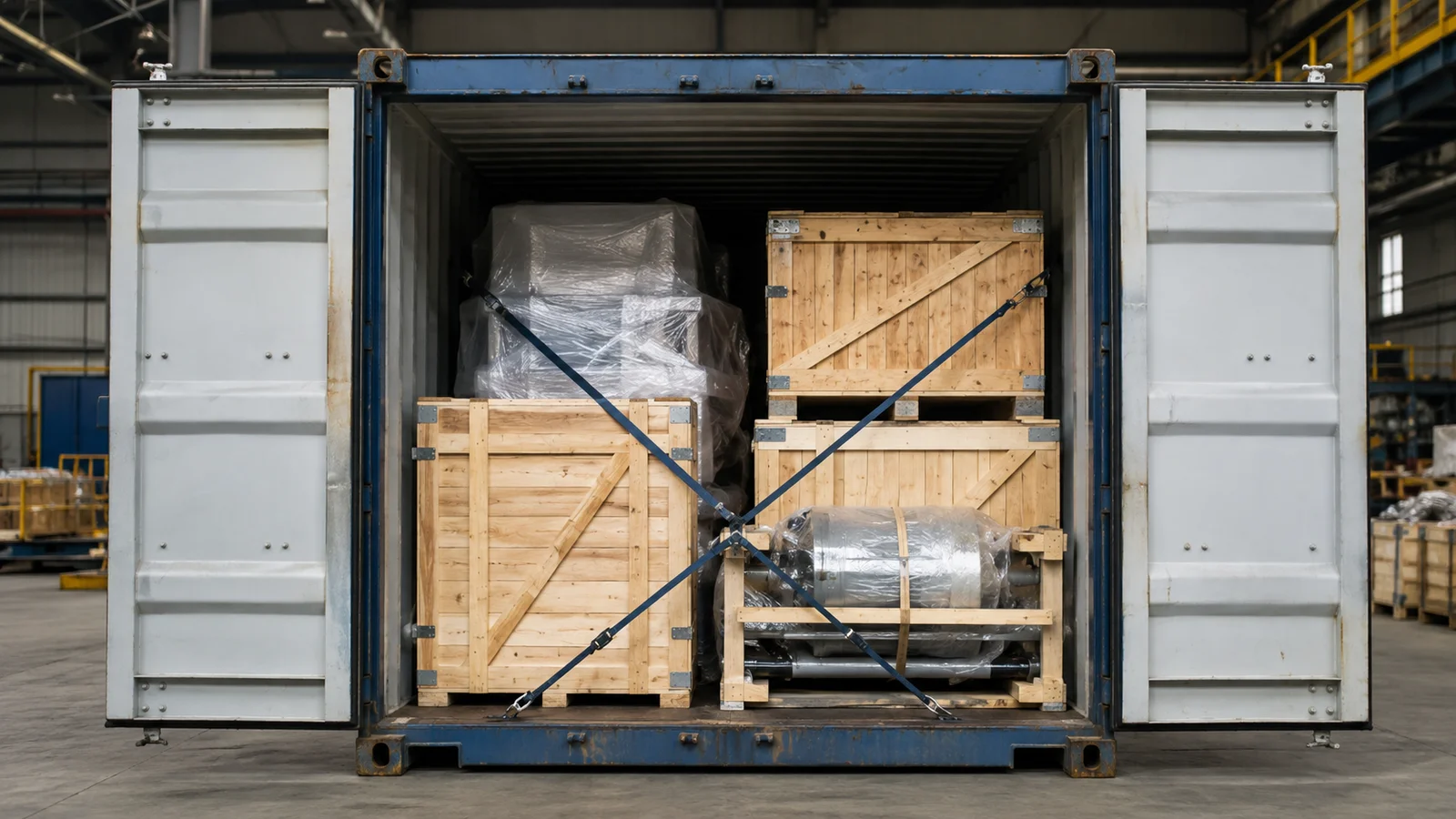 Gesicherte Holzkisten und verpackte Fracht in einem offenen Container