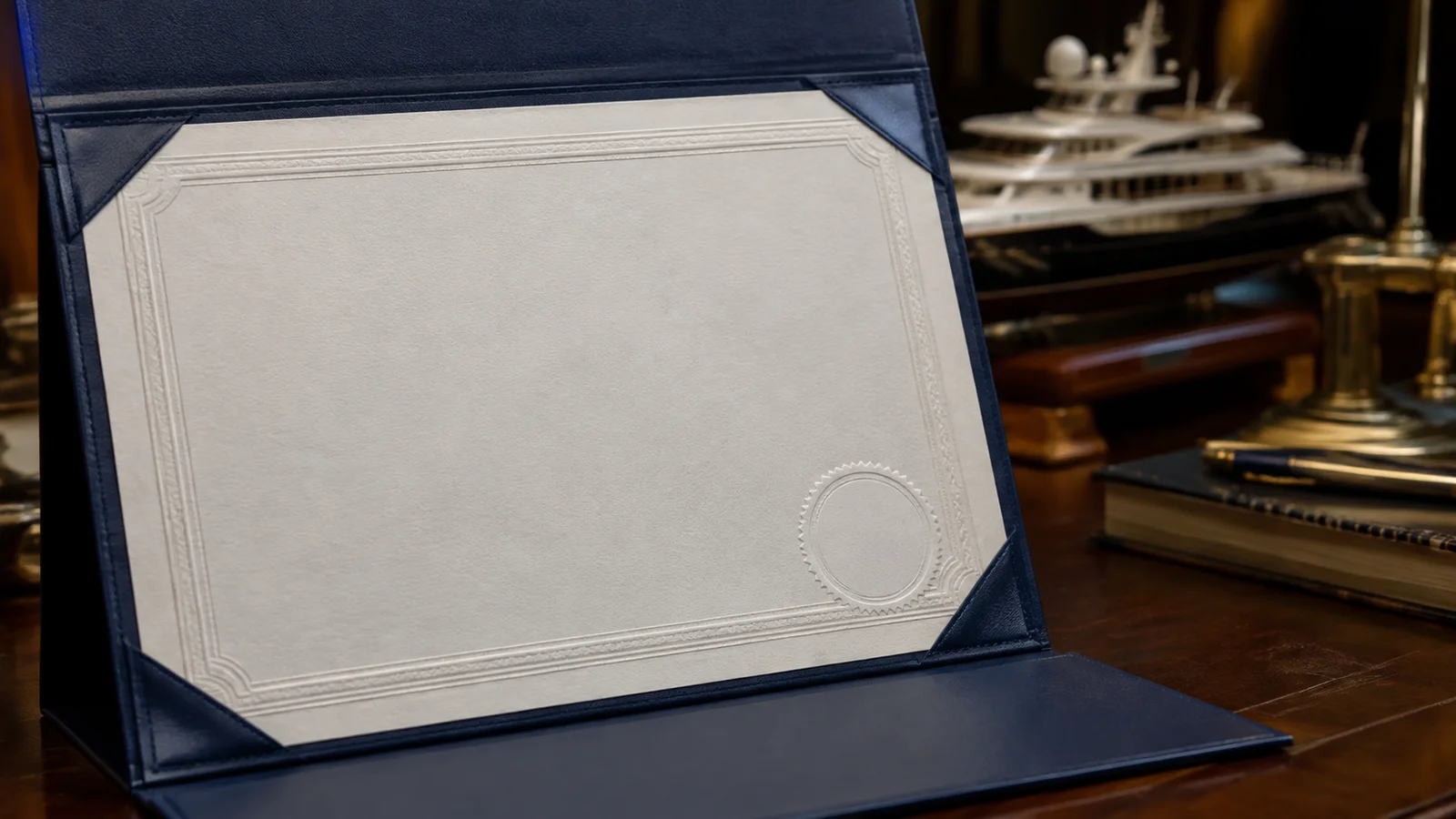 Formal certificate sheet in a navy presentation folder