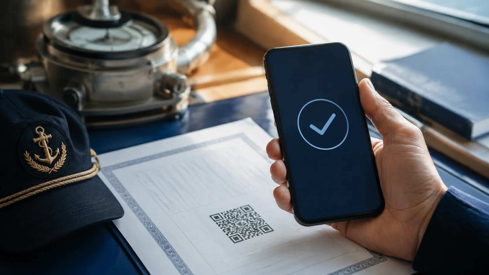 Smartphone held above a marine certificate for digital verification