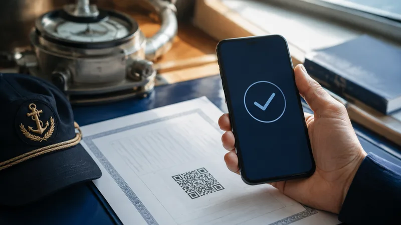Smartphone held above a marine certificate for digital verification