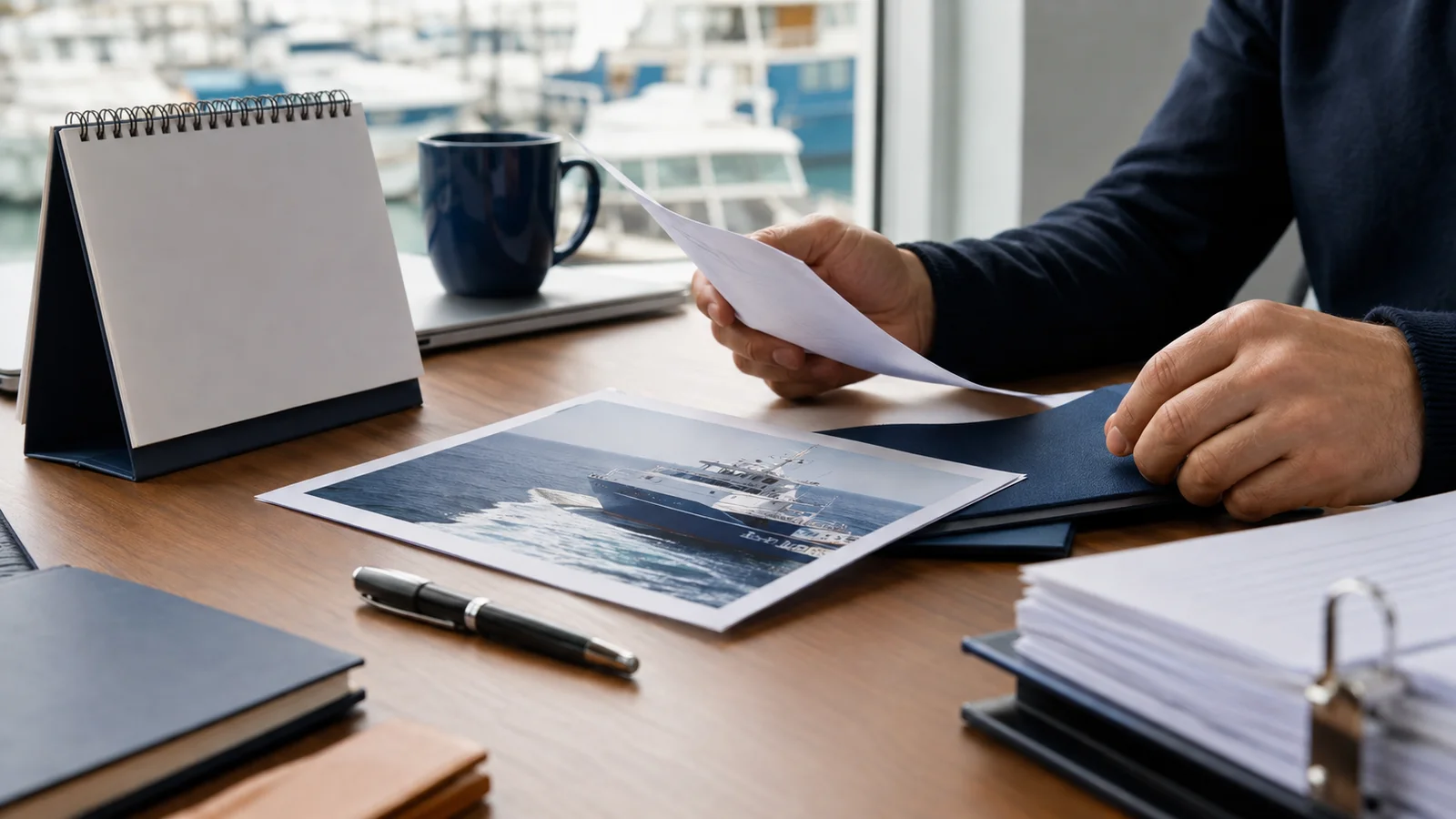 Calendar, vessel photograph and policy folder on a planning desk