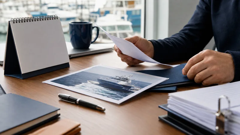 Calendar, vessel photograph and policy folder on a planning desk