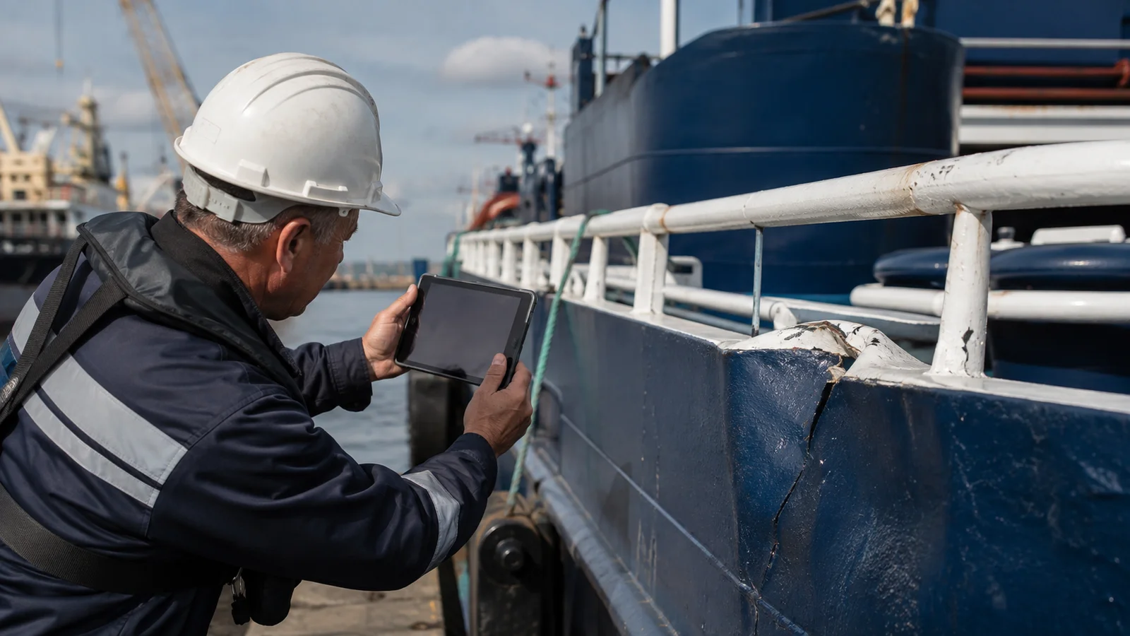 Expert maritime photographiant des dommages sur la rambarde en acier d’un navire.