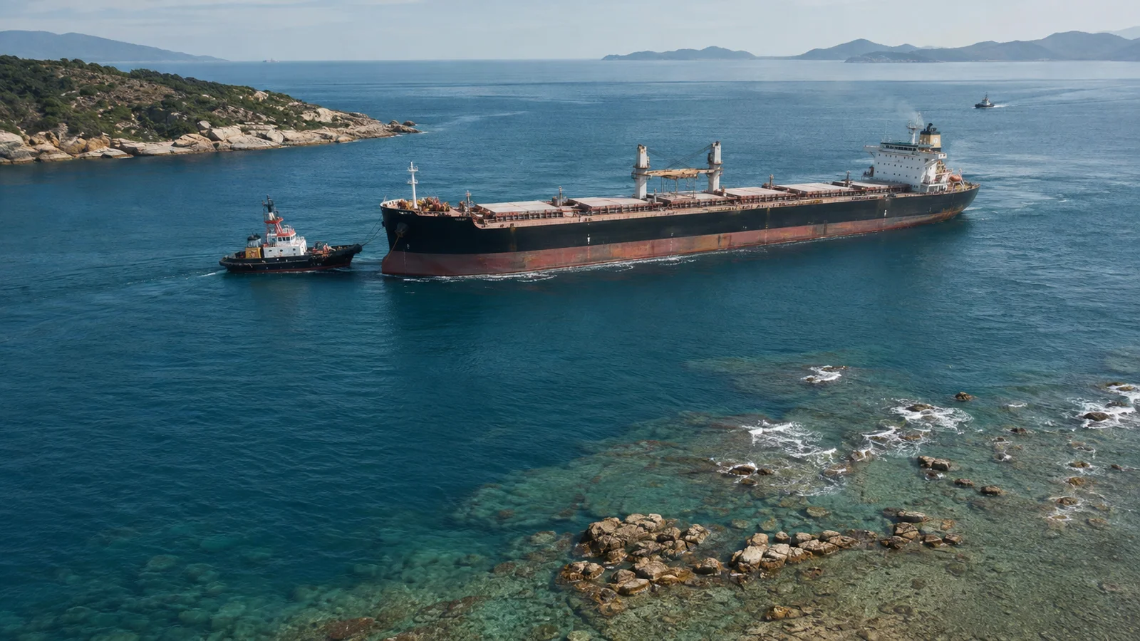 Tug guiding a commercial ship near a shallow rocky coastal approach